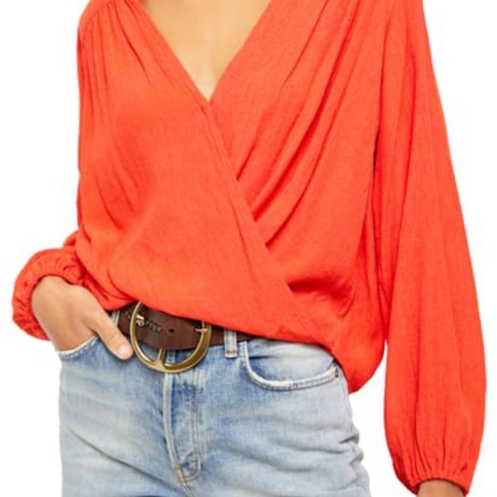Free People Faux Wrap Flame Red Balloon Sleeve Oversized Blouse sz XS
